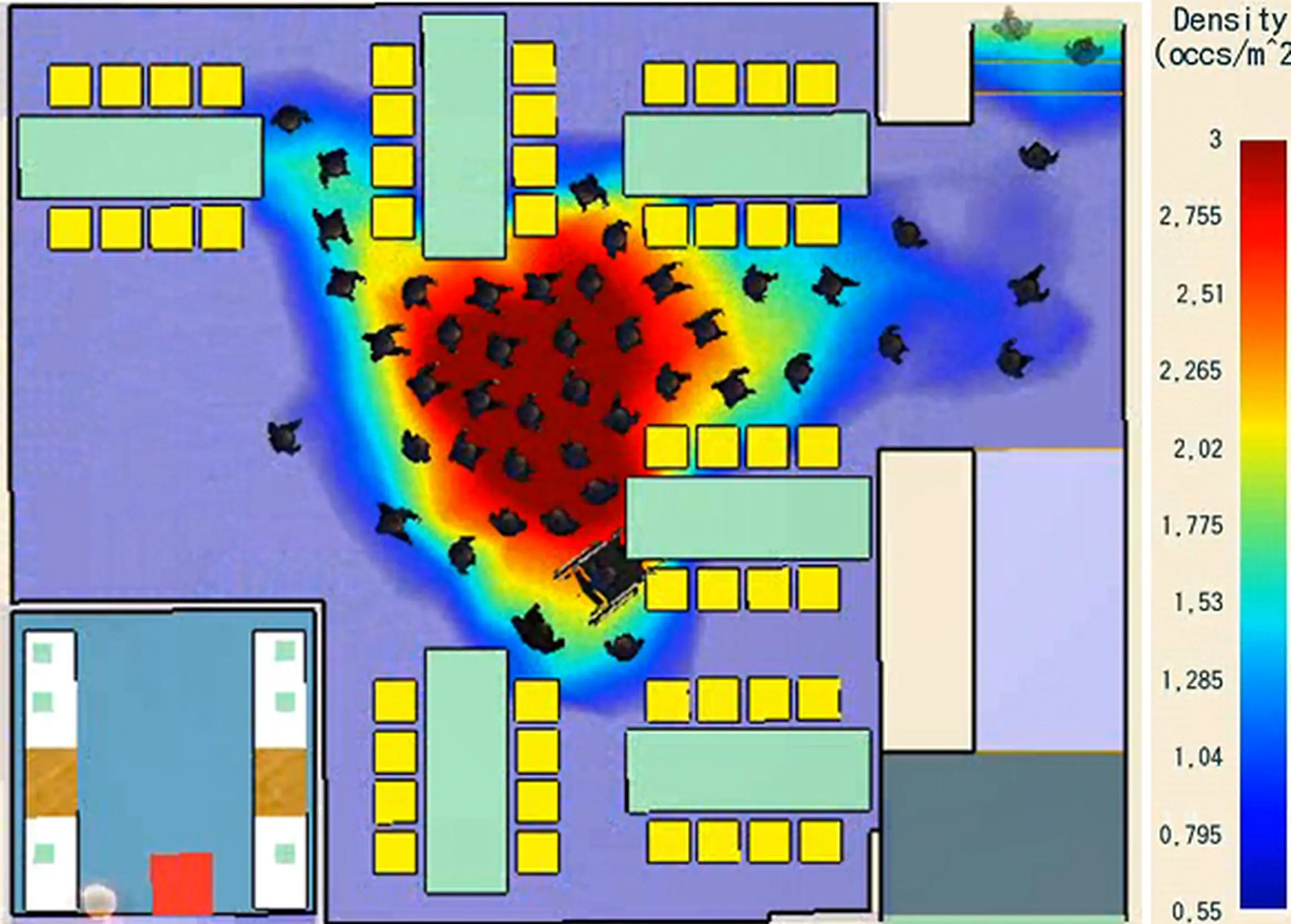 Mapa de densidad de ocupantes durante una simulación de evacuación basada en desempeño
